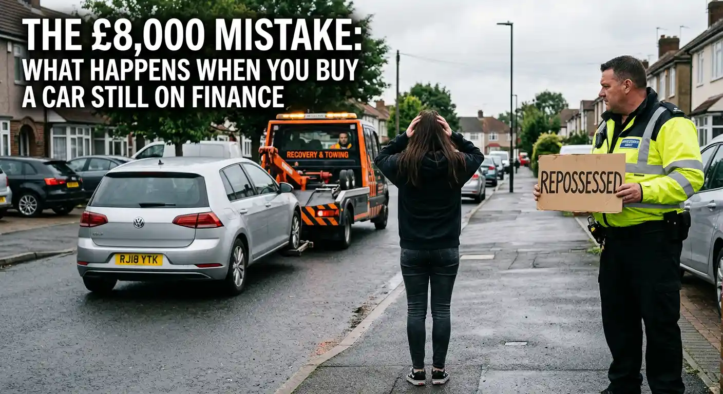 A young woman seen from behind, head in her hands in distress, as a burly bailiff holds a REPOSSESSED sign and her car is towed away in the background