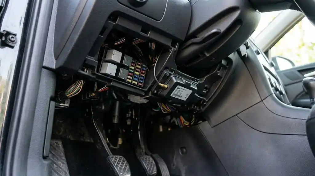 Close-up of an OBD-II diagnostic port located beneath a car dashboard — the same port used by legitimate mechanics and, increasingly, by criminals to falsify odometer readings