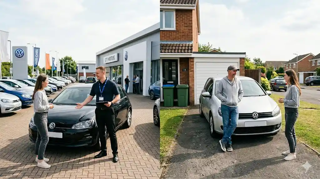 A split scene: on the left a shiny car dealership forecourt with a salesman in a branded fleece, on the right a normal suburban driveway with a half-washed used car and a friendly bloke waving — illustrating the two ways to buy a used car