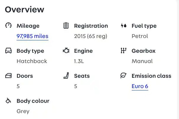 A used car advert spec sheet with a long list of features highlighted, including Apple CarPlay — illustrating how advertised specifications can be exaggerated or wrong to entice buyers