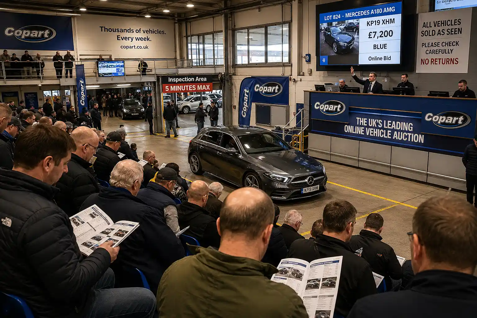 A busy UK car auction hall with a car crossing the block under bright lights, bidders holding catalogues, and an auctioneer at the rostrum — illustrating the few minutes of inspection time buyers get before the hammer falls