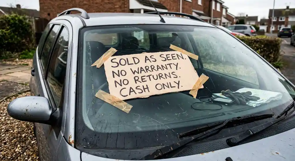 A handwritten 'SOLD AS SEEN' sign taped inside a used car's windscreen on a driveway — illustrating the phrase sellers use to try to wash their hands of a car's problems