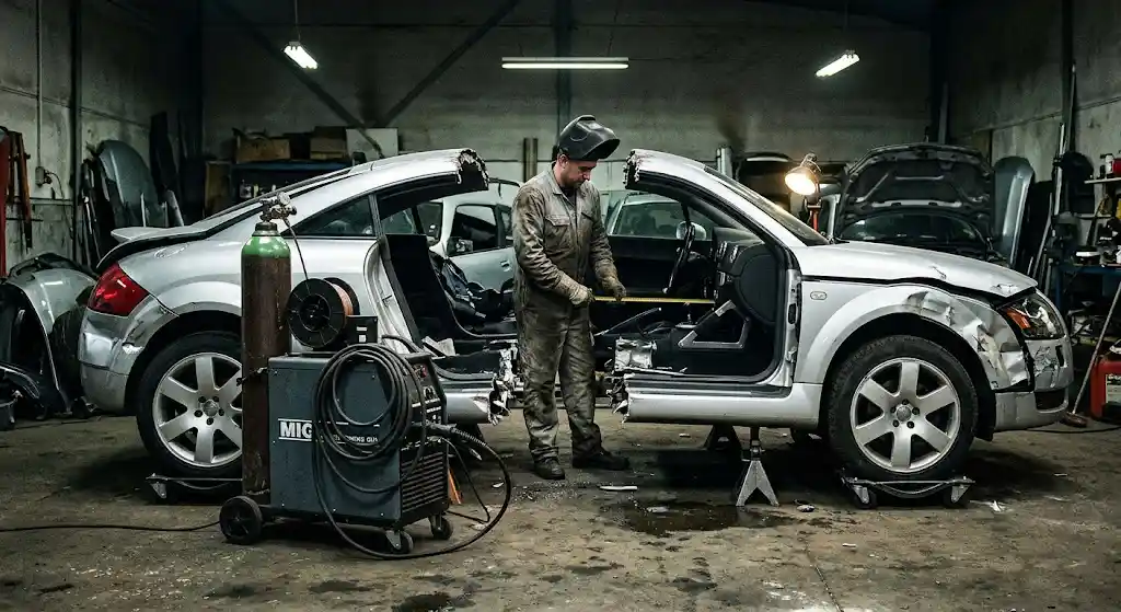 Two halves of different crashed cars of the same model lined up in a dim workshop, ready to be welded together into one vehicle — illustrating how a cut and shut car is built