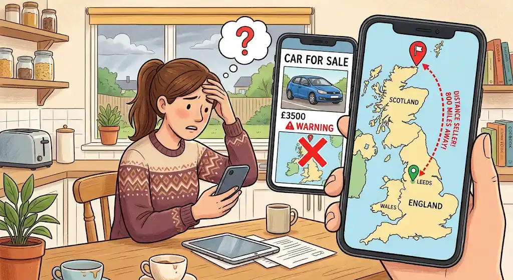 A phone showing a used car listing with a map pin hundreds of miles away in the far north of Scotland, while the buyer sits at a kitchen table in England — illustrating the distance-seller red flag