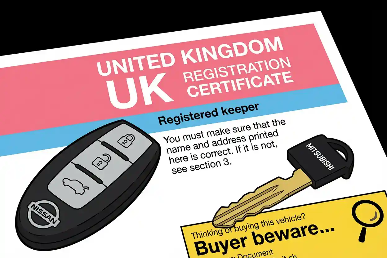 A V5C registration certificate logbook lying on a table next to car keys, with the words 'this document is not proof of ownership' visible on the paper — highlighting the warning printed on every UK logbook that almost nobody reads