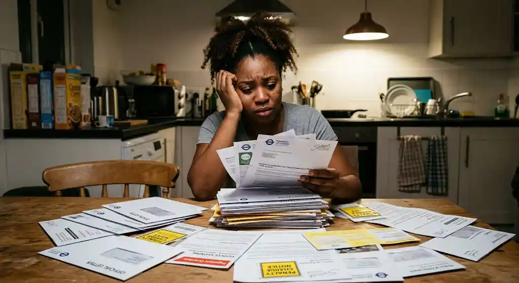 A worried woman at a kitchen table holding a stack of penalty notices and official letters, with envelopes spread out in front of her — illustrating the flood of fines that arrives when a car's plate has been cloned