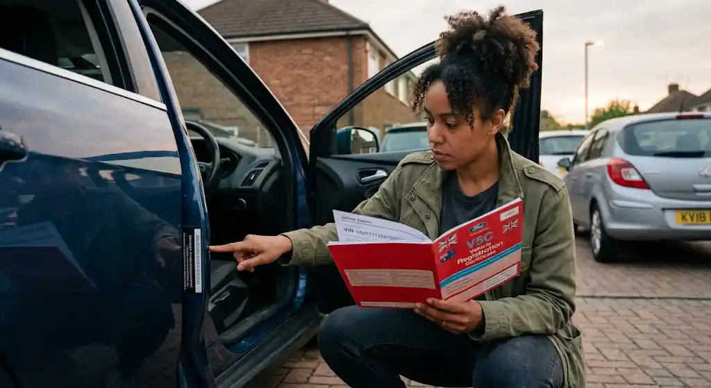 A woman crouching by a car's open driver door comparing the VIN sticker on the door frame with the V5C logbook document in her hand — showing the in-person identity check that defeats plate cloning