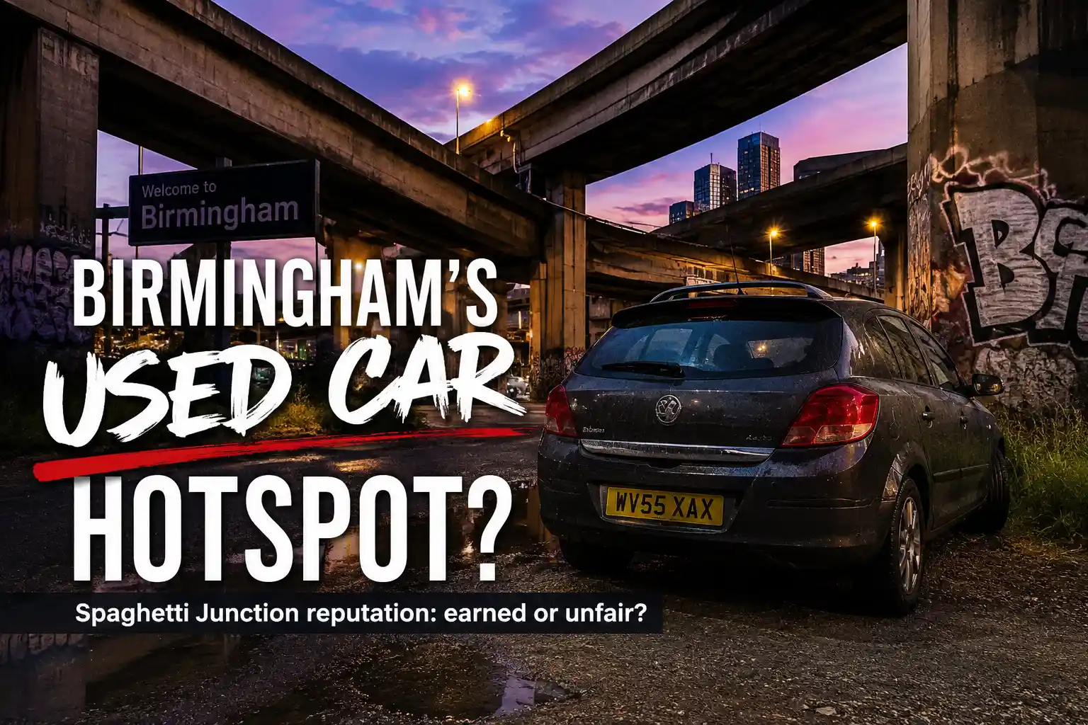 A used car with a West Midlands number plate parked under the tangled concrete flyovers of Spaghetti Junction in Birmingham at dusk, illustrating a tongue-in-cheek opinion piece about the city's reputation as a used-car hotspot